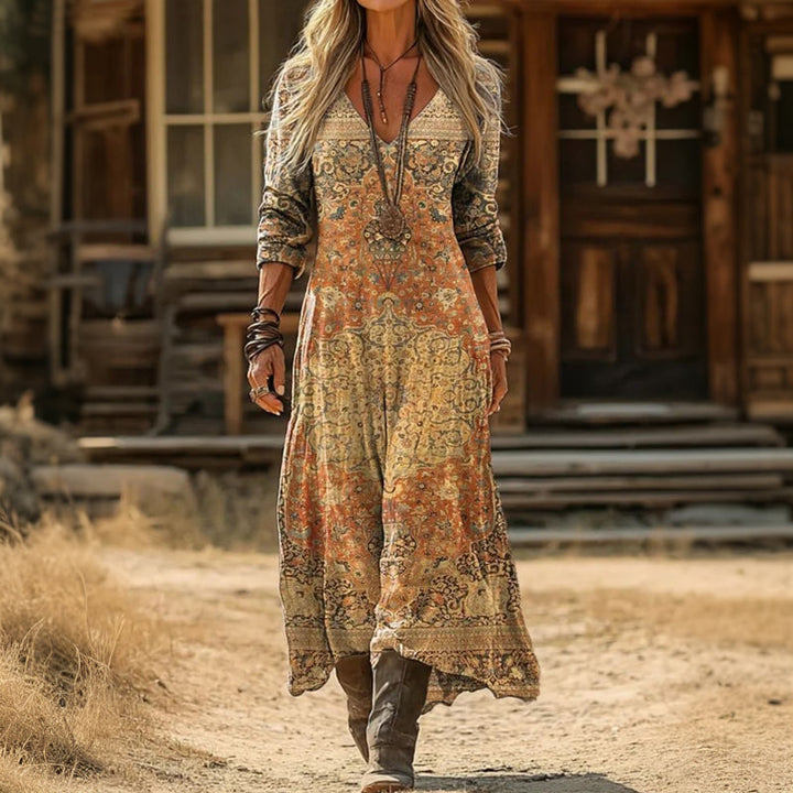 【Långärmad】Vintageklänning I Etnisk Stil