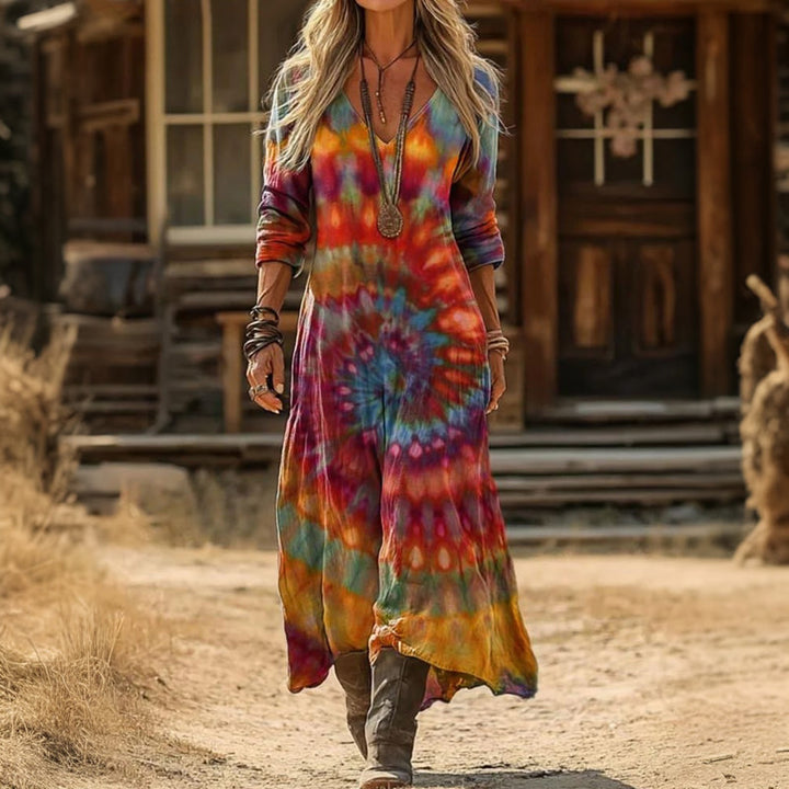 【Långärmad】Färglad Vintageklänning