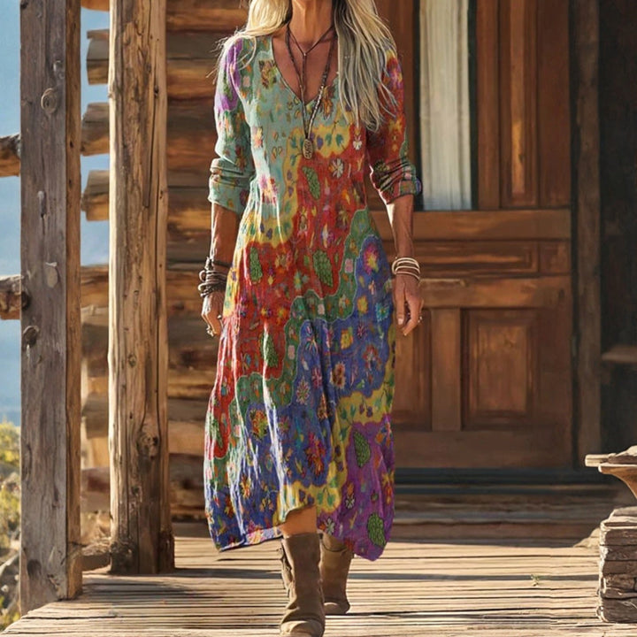 【Långärmad】 Vintage Färgglad Klänning