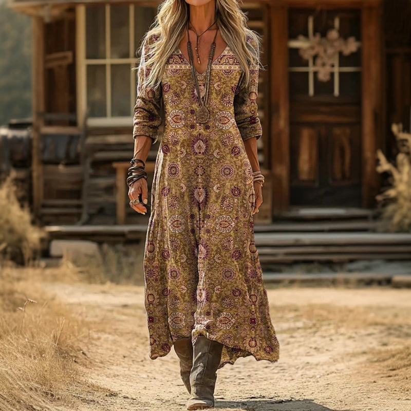 【Långärmad】 Vintage Klänning Med Etniskt Tryck