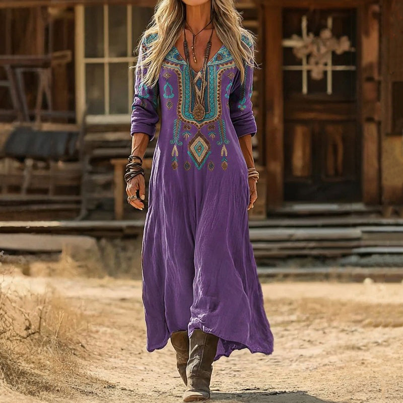 【Långärmad】 Vintage Klänning Med Etniskt Tryck