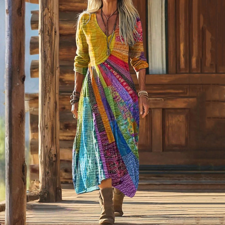 【Långärmad】 Vintage Färgglad Klänning