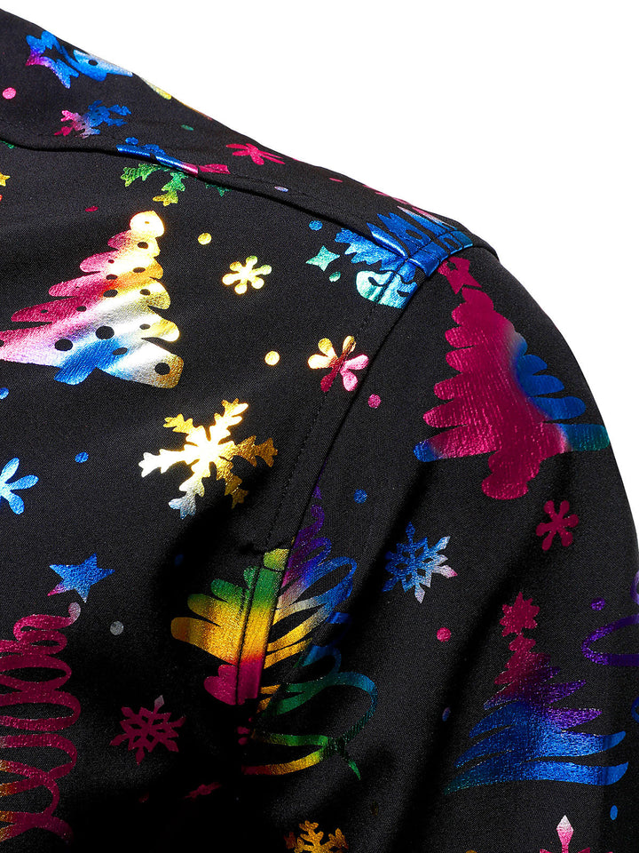 Herre Guld Jul Print Regular Fit Svart Långärmad Skjorta